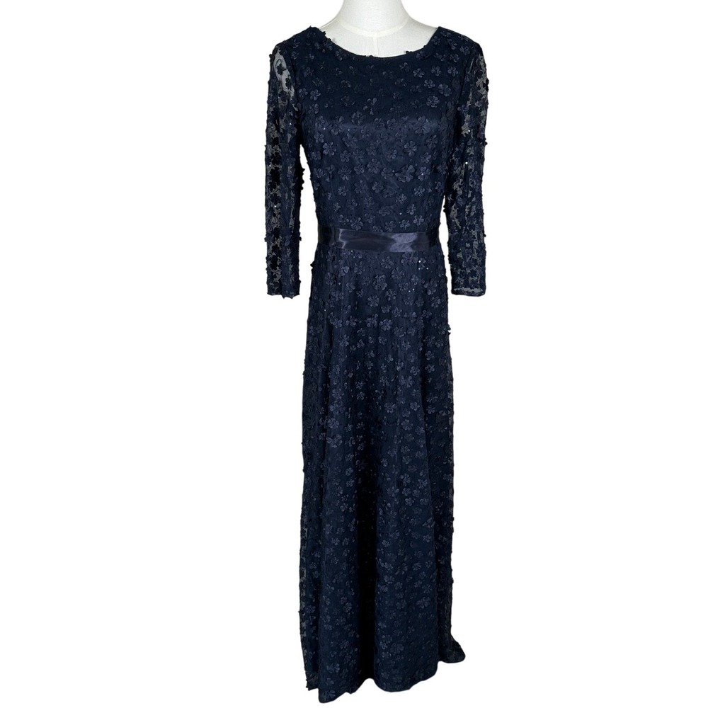 Tahari Gown Women 8 Navy Blue 3D Floral Sequin Lace Formal Evening Dress - Picture 1 of 8